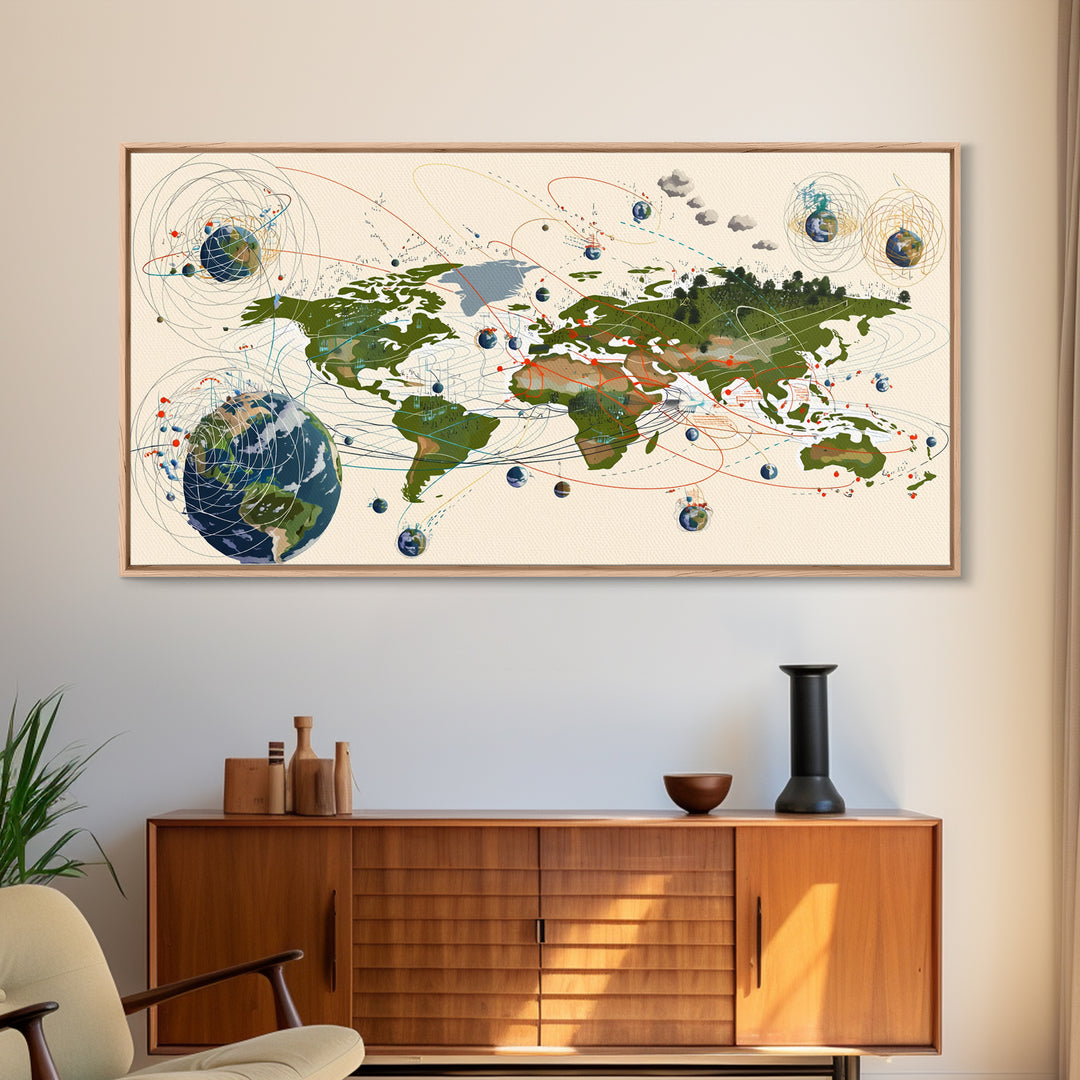 Global Network Map With Africa Orbitals Wall Art, Digital World Map Art, Modern Office Decor, Futuristic Abstract Art Print