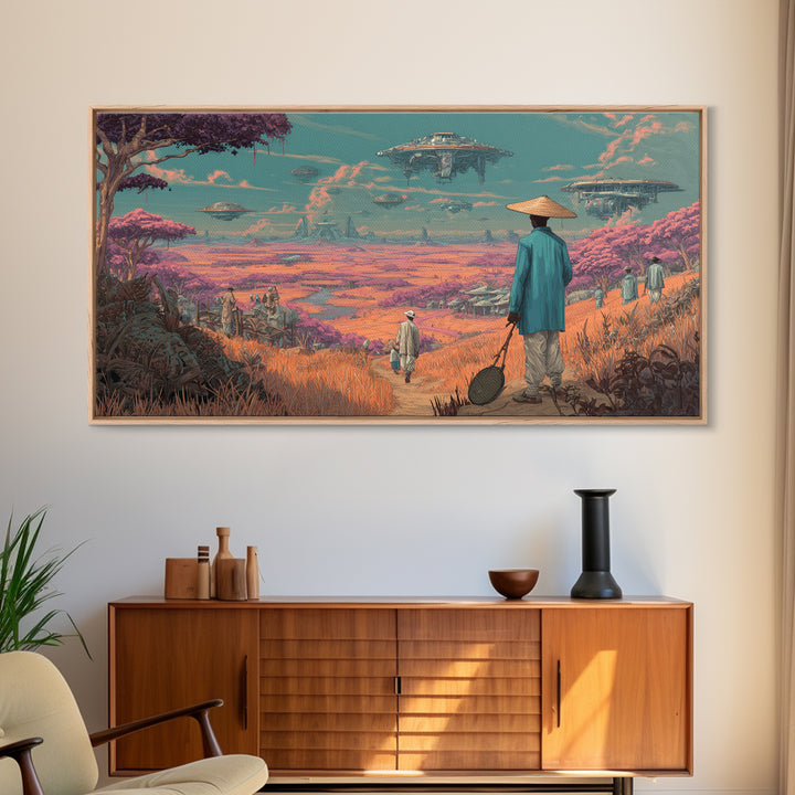 Afrofuturist Traveler In Pink Alien Savannah Canvas Print, African Sci Fi Wall Art, Dreamy Landscape, Unique Home Decor
