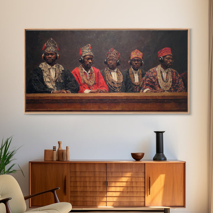 Traditional African Tribunal With Ornate Hats Wall Art, Tribal Queen Art, Cultural Portrait, Black History Gift, Bold Decor