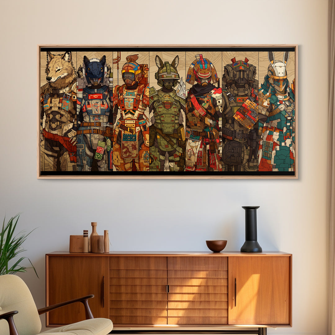 Cyber Animal Warriors Wall Art, Afrofuturism Canvas Print, African Tribal Art, Bold Gaming Room Decor For Collectors Gift