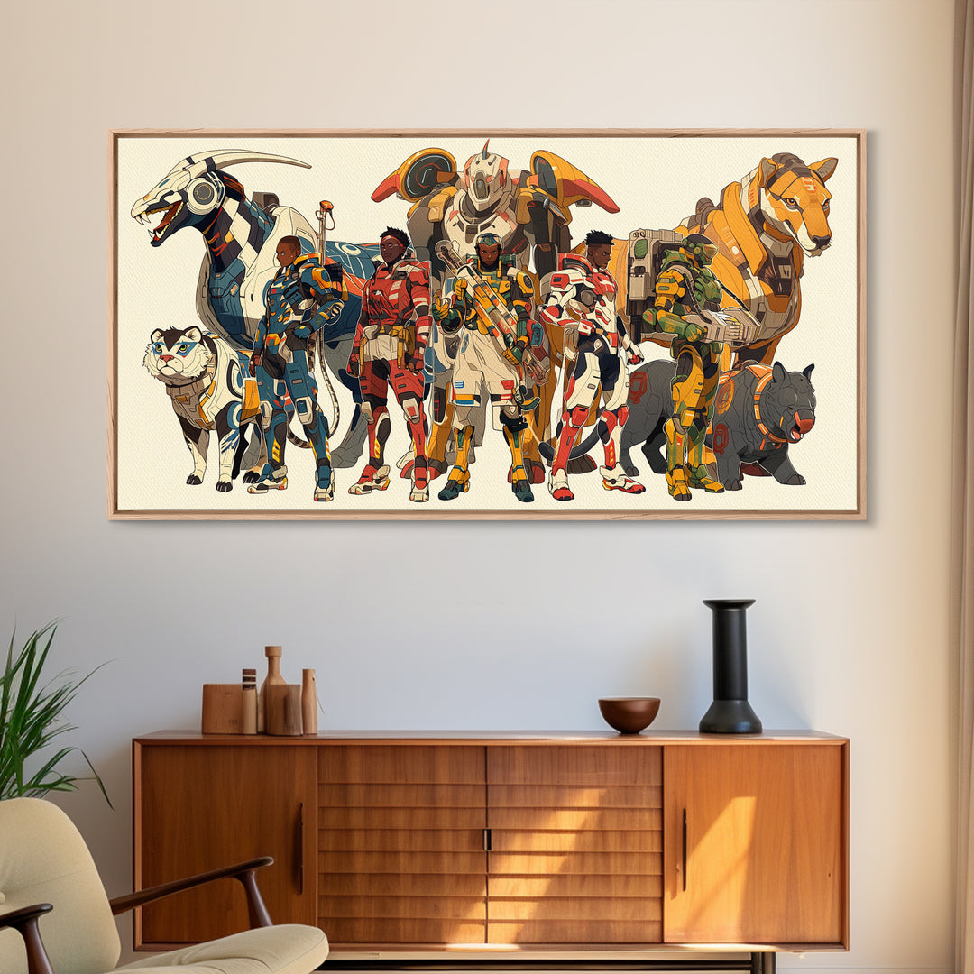 Futuristic African Riders Wall Art, Afrofuturism Canvas Print, Animal Warrior Art Decor For Kids Gaming Room Gallery Decor