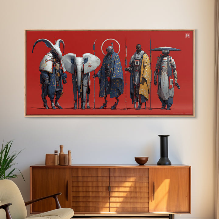 Afrofuturist Warriors With White Elephant Framed Canvas Print, African Warrior Art, Afrocentric Wall Art, Bold Home Decor