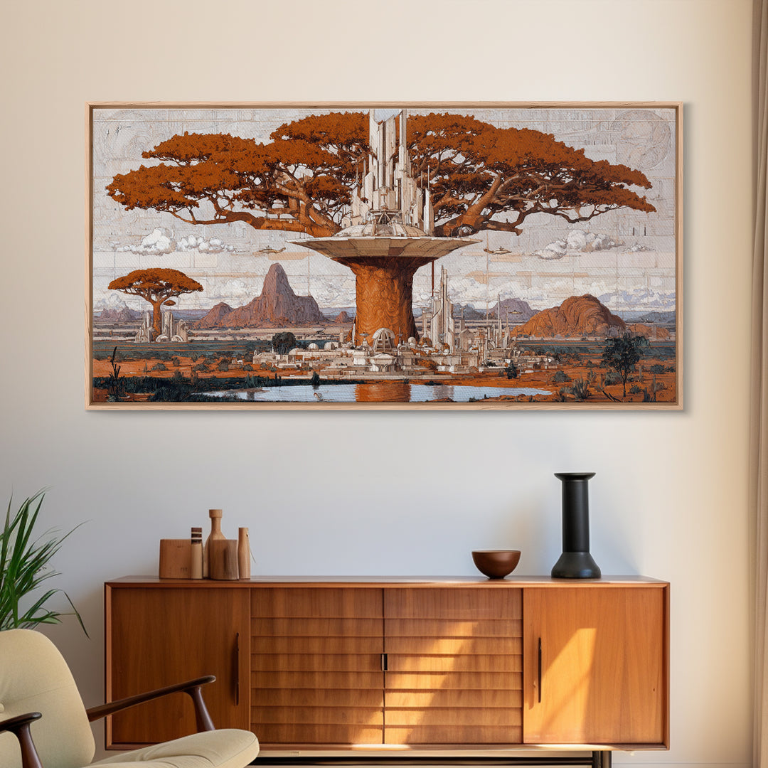 Sepia Baobab Tree Megacity In African Landscape Wall Art, African Tree, African Safari Art, Earth Tone Wall Art, Home Decor