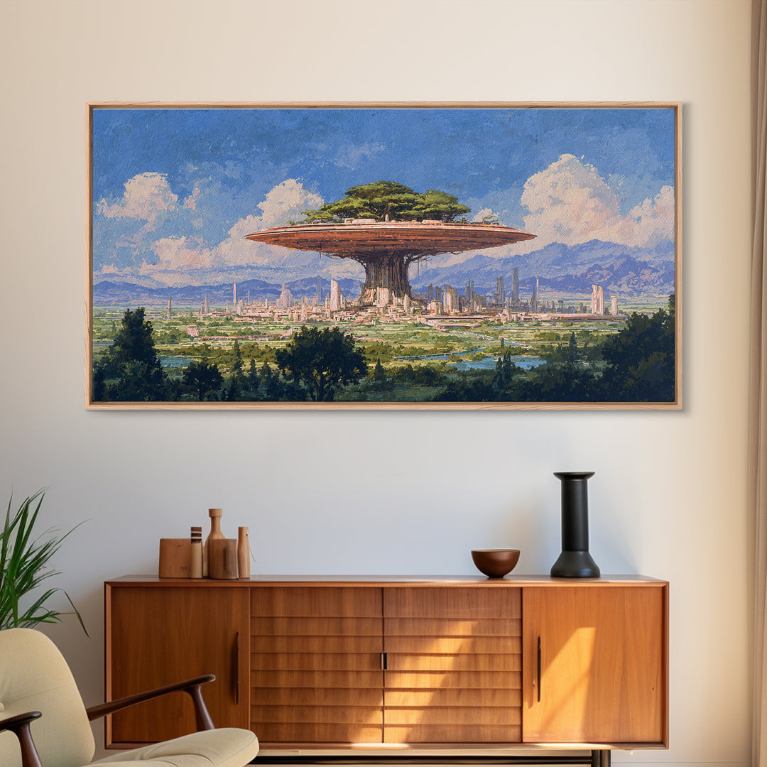 Floating Acacia Tree City Under Blue Sky Canvas Print, African Landscape, Modern Canvas Art, Serengeti Wall Art, Unique Home Decor