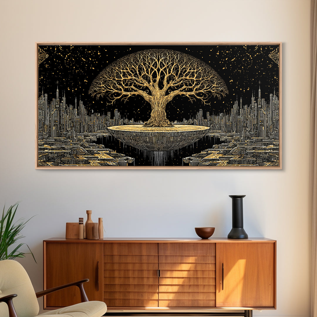 Golden Tree Of Life Over Futuristic City Wall Art, Black And Gold Art, Spiritual Wall Art, African Inspired, Statement Decor