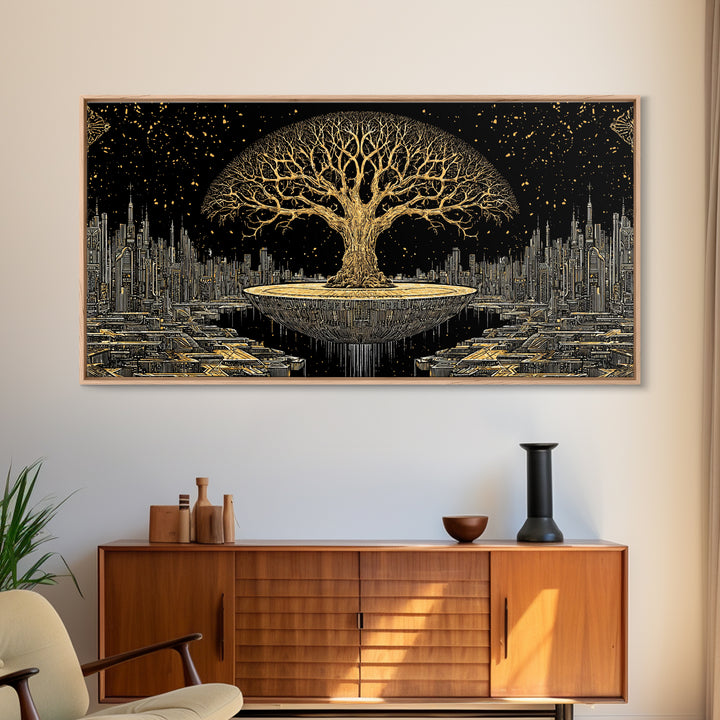 Golden Tree Of Life Over Futuristic City Wall Art, Black And Gold Art, Spiritual Wall Art, African Inspired, Statement Decor