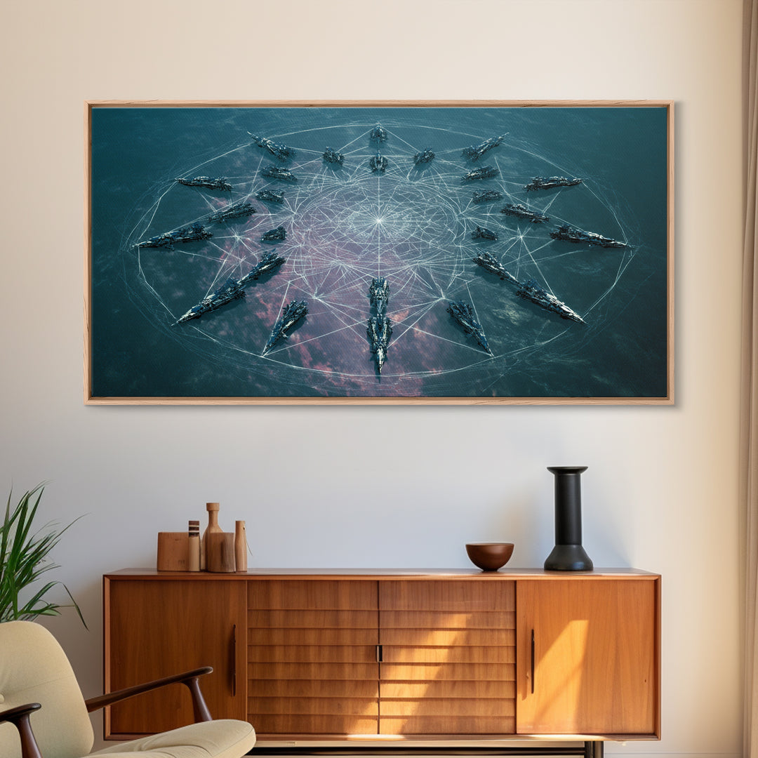 Sci Fi Naval Fleet In Circular Formation Canvas Print, Digital Art, Modern Wall Art, Teal Statement Wall Decor, Unique Gift