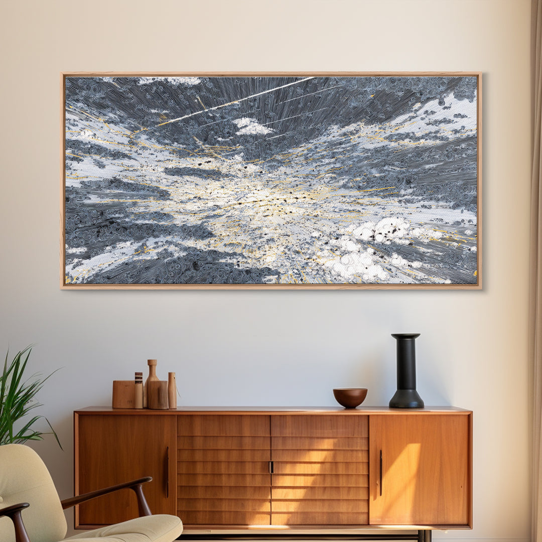 Abstract Ocean Clouds With Gold Network Wall Art, Textured Art Print, Blue Gray Modern Art, Dreamy Wall Art, Office Decor
