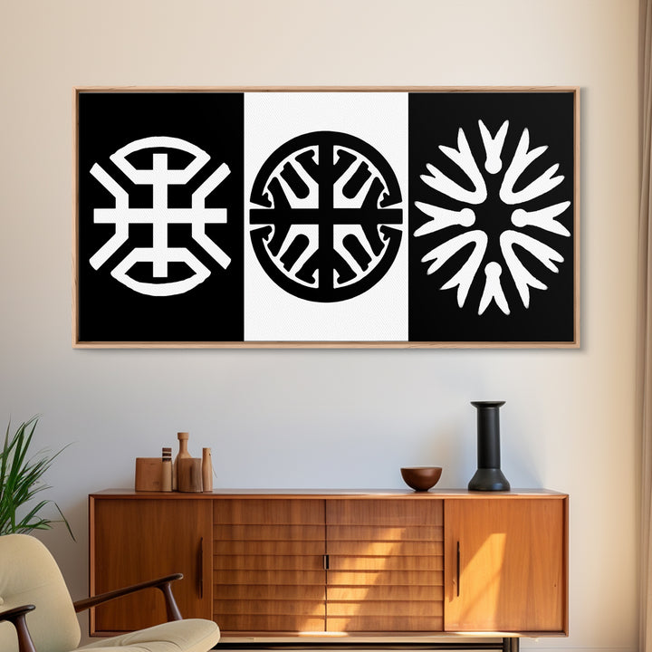 Black White Tribal Symbols Framed Canvas Print, Geometric Abstract Wall Art, African Inspired Decor, Minimalist Office Art