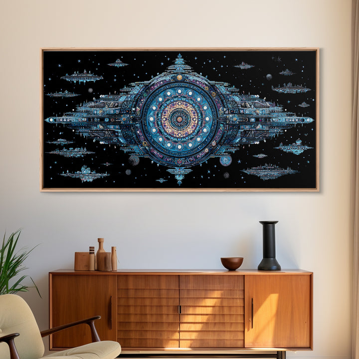 Ornate Cosmic Space Station Canvas Print, Blue Sci Fi Mandala Wall Art, Futuristic Digital Art, Modern Office Decor Gift