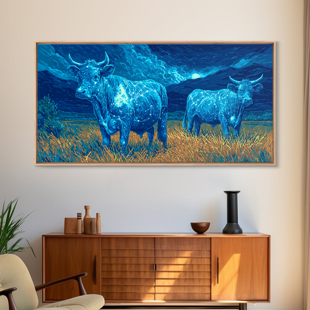Glowing Blue Bulls In Moonlit Field Wall Art, Animal Landscape Painting, Nature Canvas Decor, Rustic Farmhouse Gift For Home