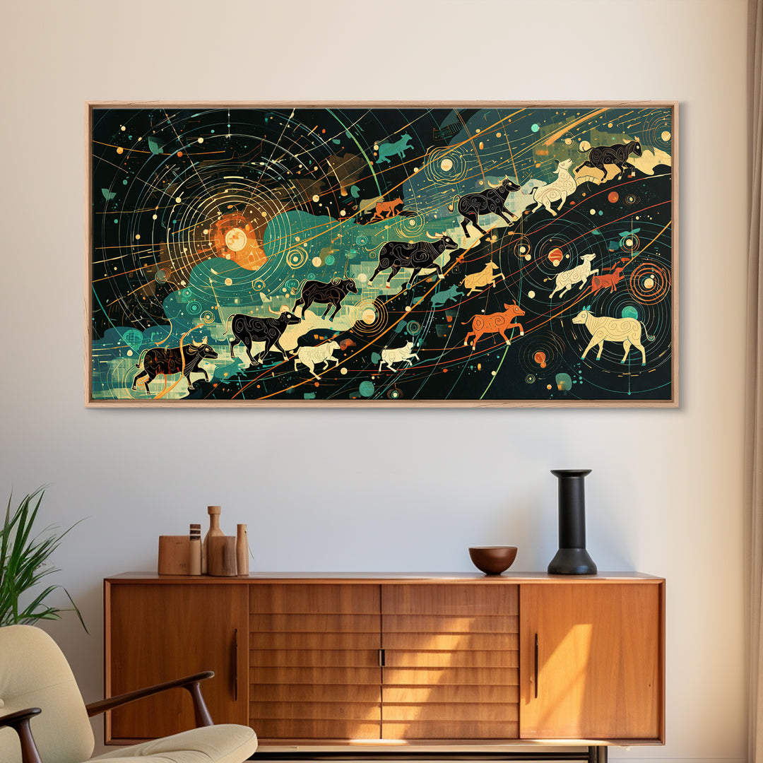 Cosmic Cattle Migration Canvas Print, Abstract Animal Wall Art, Modern Farm Decor, Earth Tone Office Art, Unique Home Gift