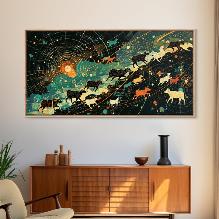 Cosmic Cattle Migration Canvas Print, Abstract Animal Wall Art, Modern Farm Decor, Earth Tone Office Art, Unique Home Gift