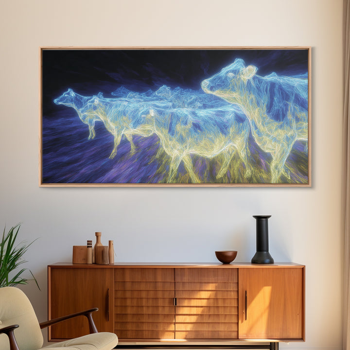 Electric Blue Cows Framed Canvas Print, Glowing Animal Wall Art, Modern Digital Farm Decor, Statement Office Art, Blue Home Decor
