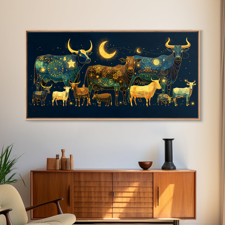 Celestial Folk Cattle And Goats Wall Art, Gold Blue Animal Canvas Decor, Moon Stars Farm Painting, Boho Home Decor Gift For Her