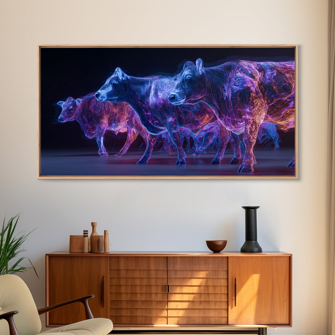 Neon Blue And Purple Cows Canvas Print, Glowing Animal Wall Art, Modern Digital Farm Decor, Bold Office Art, Unique Gift