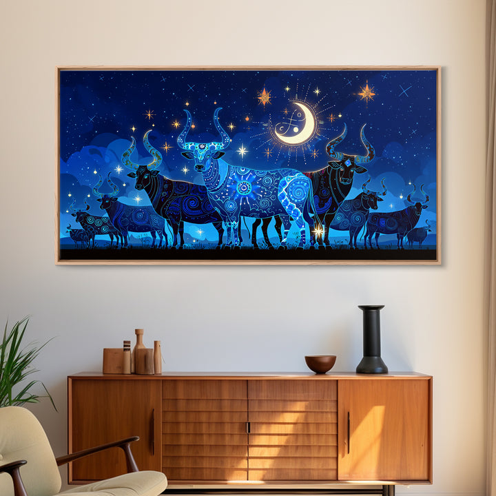 Starry Blue Cattle Under Crescent Moon Wall Art, Celestial Animal Canvas Decor, Night Sky Painting, Boho Home Decor Gift