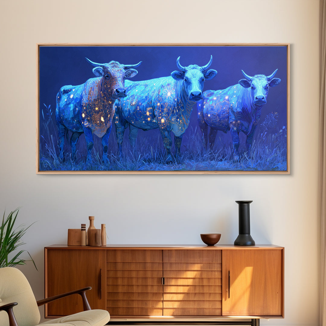 Glowing Blue African Cattle Under Moonlight Canvas Print, Safari Animal Wall Decor, Modern African Art, Blue Living Room Art