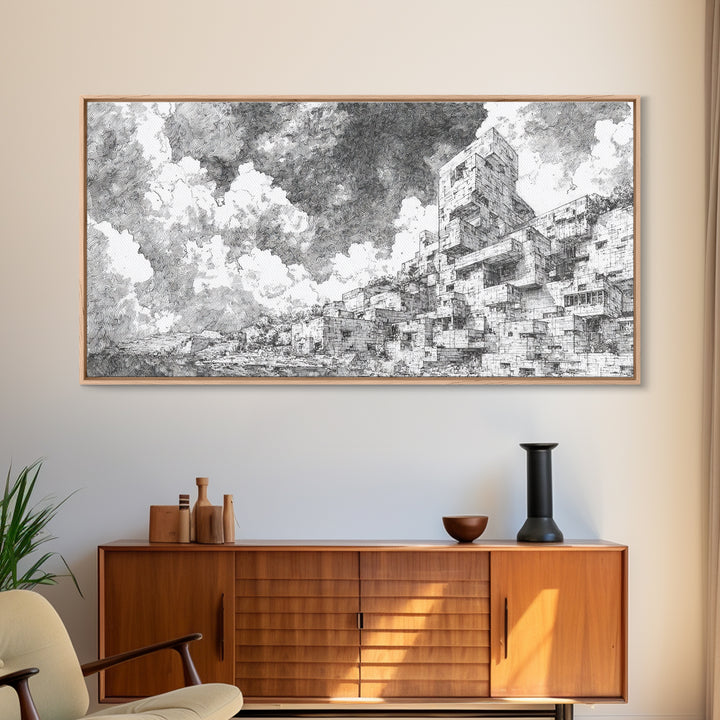 Black And White African City Sketch Wall Art, Urban Landscape Drawing, Minimalist Architecture Print, Modern Home Office Decor