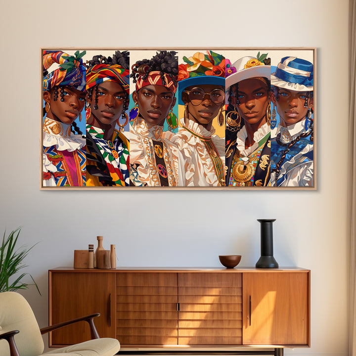 Elegant African Women In Hats And Headwraps Framed Canvas Print, Modern Fashion Portrait Wall Decor, Black Beauty Art Gift