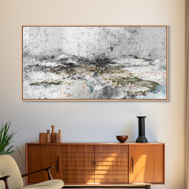 Monochrome Abstract Future City Wall Art, African Inspired Urban Landscape Print, Modern Office Decor, Large Canvas Decor