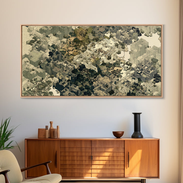 Sepia Isometric Floating City Canvas Print, African Inspired Urban Architecture, Abstract Wall Decor, Modern Office Art Gift