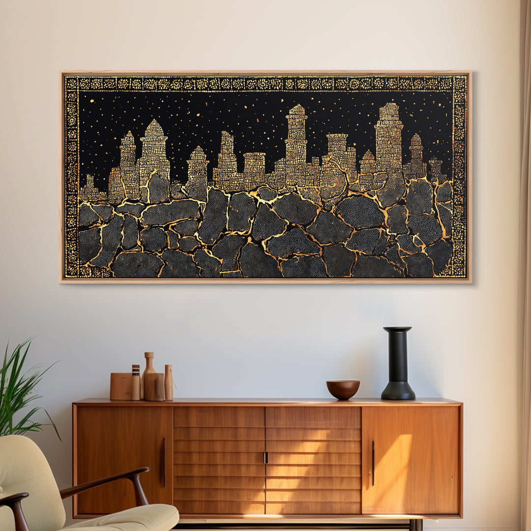 Black Gold Skyline And Cracked Earth Wall Art, African Inspired Cityscape, Luxury Canvas Decor, Bold Statement Home Decor