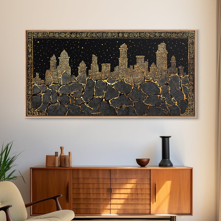Black Gold Skyline And Cracked Earth Wall Art, African Inspired Cityscape, Luxury Canvas Decor, Bold Statement Home Decor
