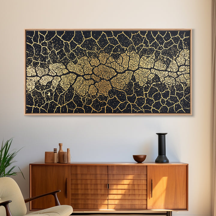 Black Gold Cracked Mosaic Wall Art, African Abstract Pattern, Luxury Canvas Decor, Earth Tone Statement Piece For Living Room