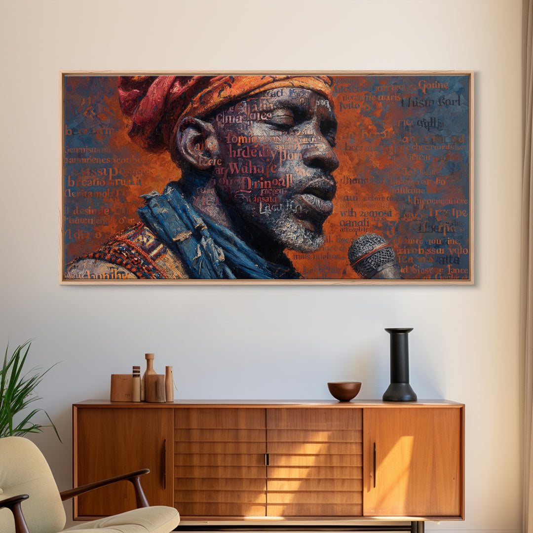 African Man Profile With Microphone Canvas Print, Typography Portrait In Red And Blue, Black Culture Wall Decor Gift For Him
