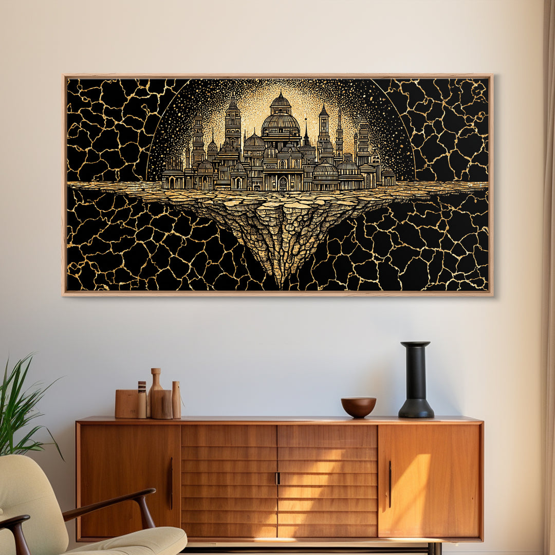 Golden African Kingdom City Wall Art, Black And Gold Geometric Decor, Afrocentric Spiritual Art, Luxury Canvas Print Poster