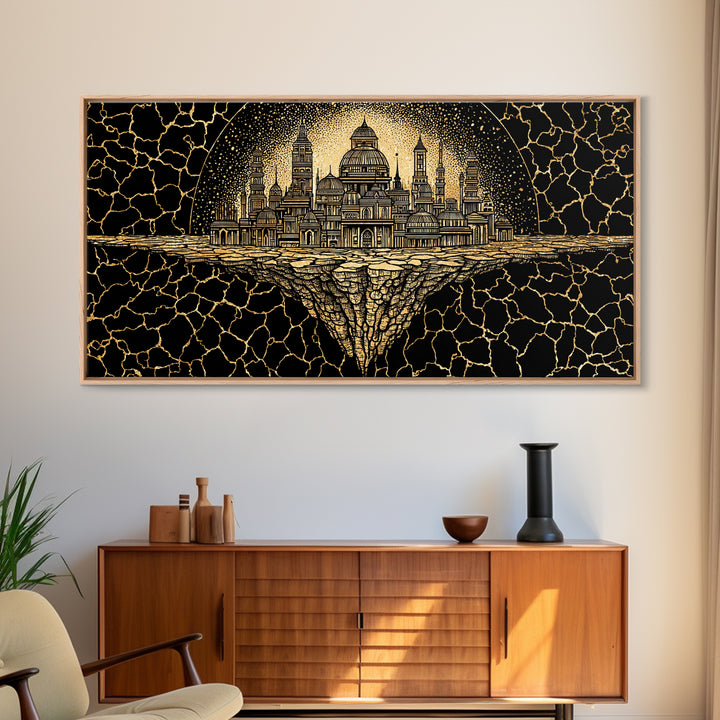 Golden African Kingdom City Wall Art, Black And Gold Geometric Decor, Afrocentric Spiritual Art, Luxury Canvas Print Poster