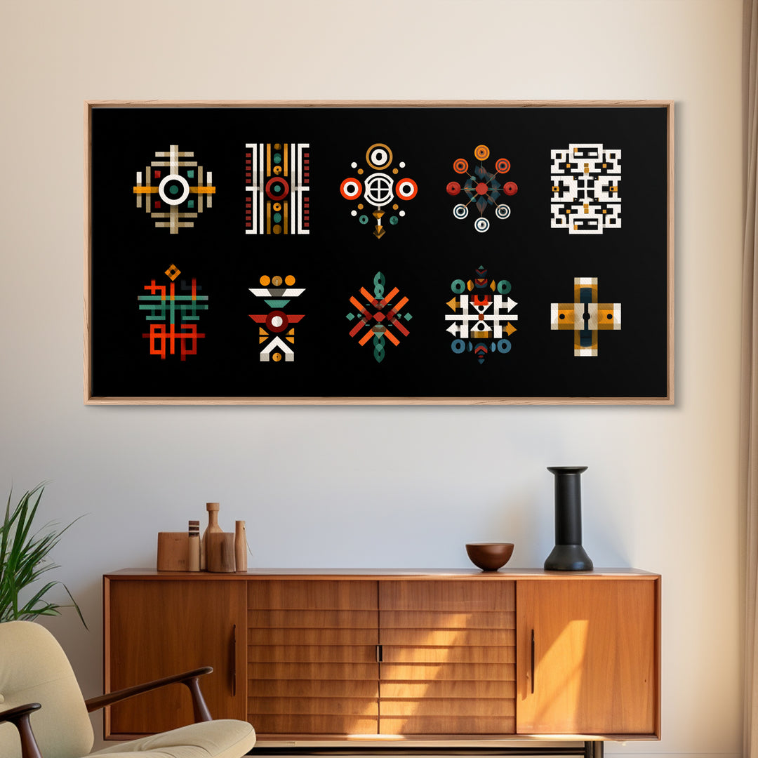 Modern African Geometric Symbols Wall Art, Abstract Tribal Patterns, Afrocentric Decor, Black Culture Art Canvas Print Set