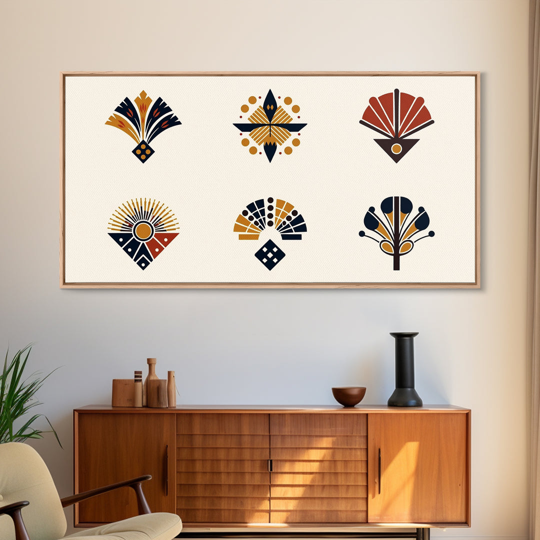 Minimal African Fan Motif Wall Art, Boho Geometric Pattern Decor, Abstract African Art, Earth Tone Canvas Print Set Gift
