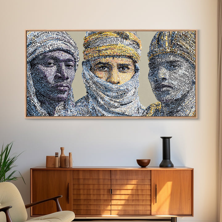 North African Tuareg Portrait Trio Canvas Print, Blue Desert Nomad Wall Art, Modern African Art Prints For Home Decor Gift