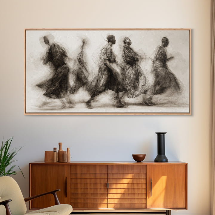Charcoal African Procession Silhouettes Wall Art, Traditional African Decor, Cultural Canvas Print For Living Room Home Decor Gift