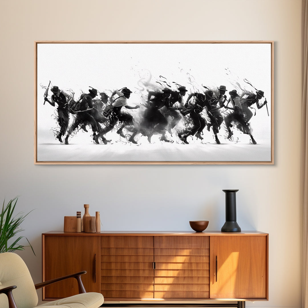 African Warrior Riders In Bold Black Ink Wall Art, Tribal Battle Canvas Print, Black And White Statement Decor Gift For Office