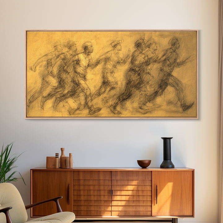 Ochre Charcoal African Runners Wall Art, Abstract Movement Canvas Print, Burnt Orange Cultural Home Decor Gift For Living Room