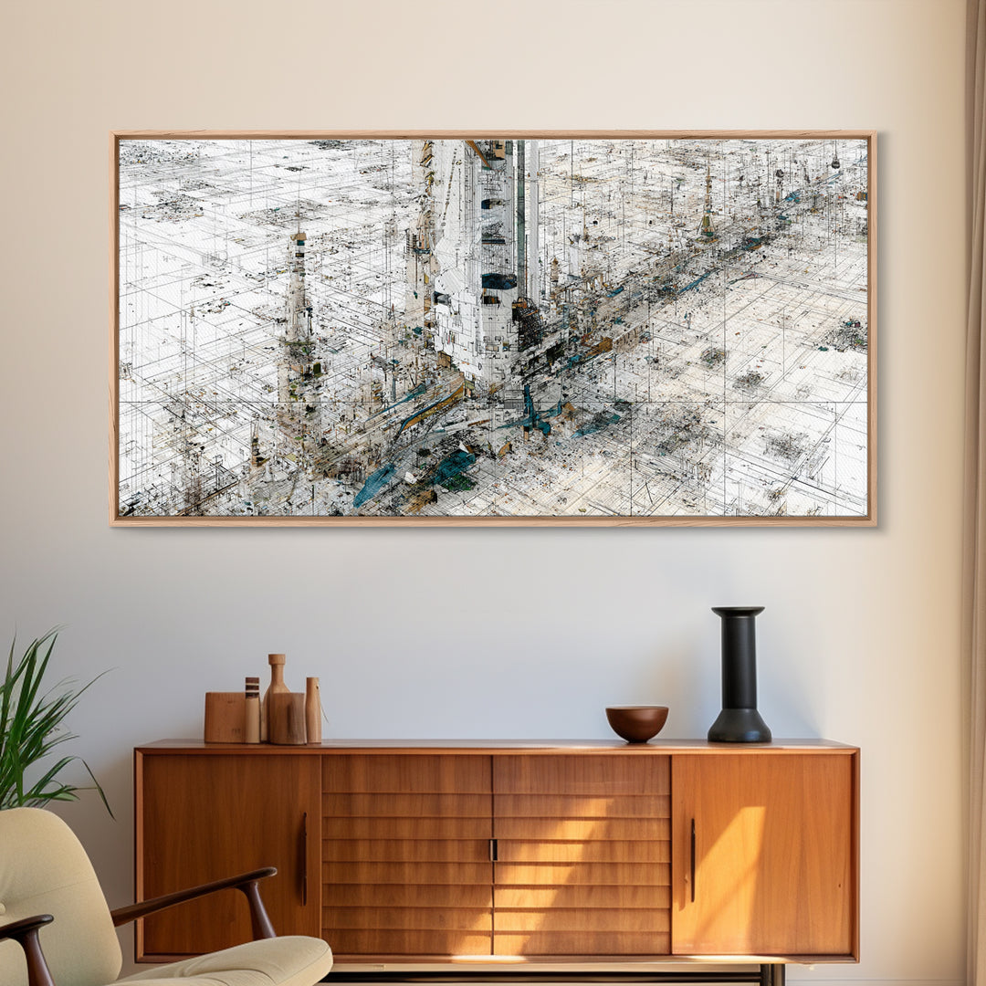 White Abstract City Map Canvas Print, Geometric Architecture Wall Art, Minimalist Modern Office Decor Gift For Home And Living Room