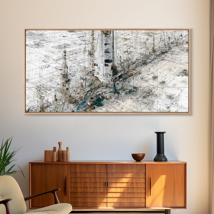 White Abstract City Map Canvas Print, Geometric Architecture Wall Art, Minimalist Modern Office Decor Gift For Home And Living Room