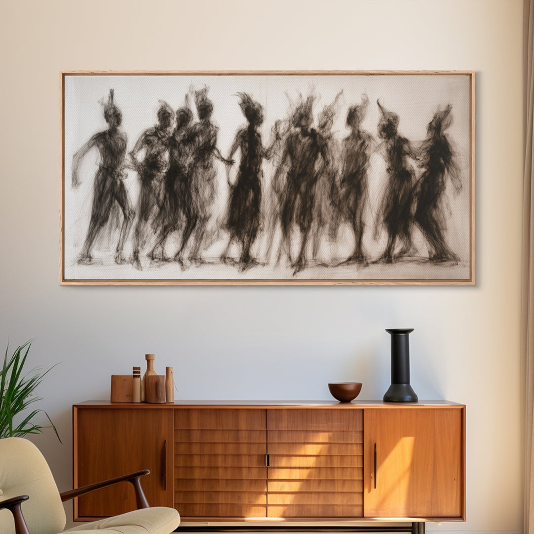 Charcoal African Women Dance Silhouettes Wall Art, Feminine Cultural Canvas Print, Afrocentric Decor Gift For Home Living Room