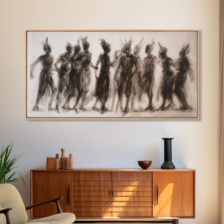 Charcoal African Women Dance Silhouettes Wall Art, Feminine Cultural Canvas Print, Afrocentric Decor Gift For Home Living Room