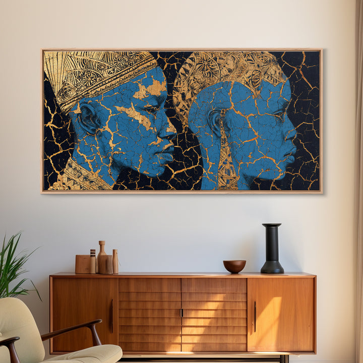 Blue And Gold Cracked African Faces Wall Art, Modern Afrocentric Canvas Print For Luxury Decor, Cultural Home Decor Gift