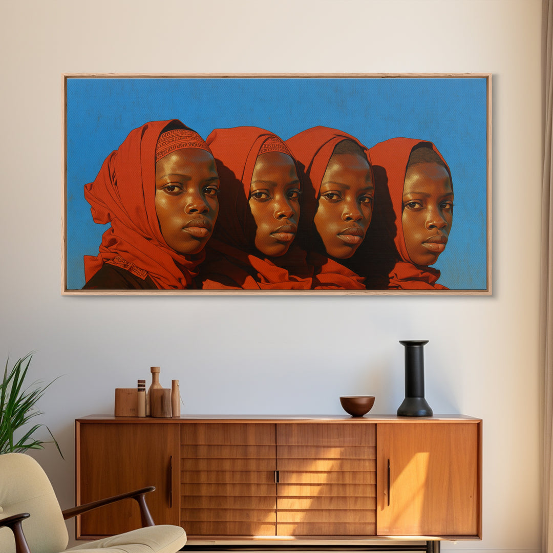 Four African Women In Red Headwraps Wall Art, Black Woman Canvas Print For Afrocentric Decor, Portrait Wall Art, And Gifts