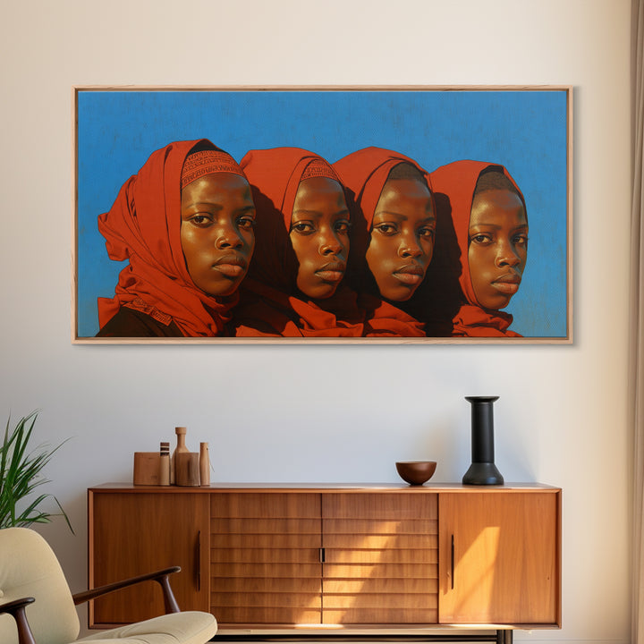 Four African Women In Red Headwraps Wall Art, Black Woman Canvas Print For Afrocentric Decor, Portrait Wall Art, And Gifts