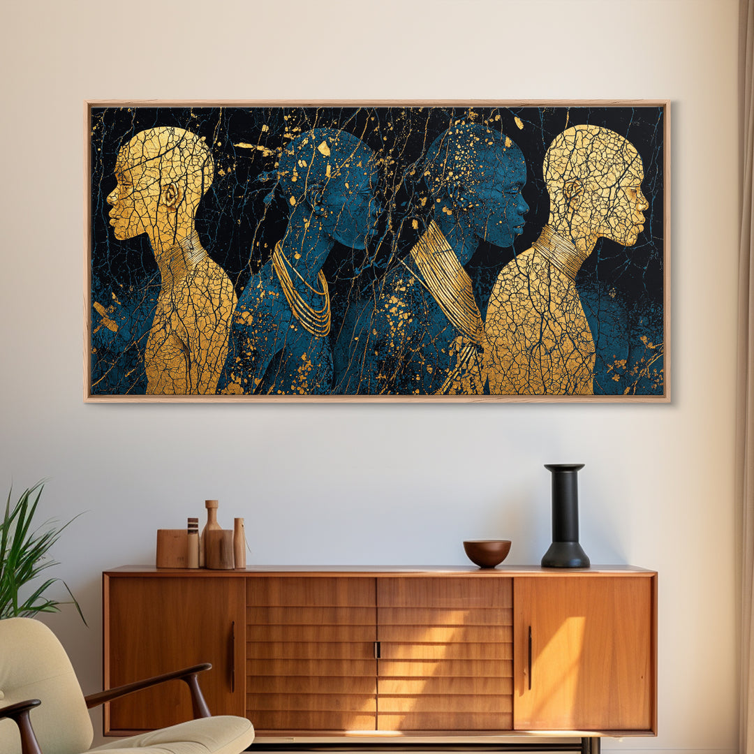 Gold And Teal African Women Silhouettes Wall Art, Afrocentric Black Woman Portrait, Luxury Canvas Decor, Black Gold Print