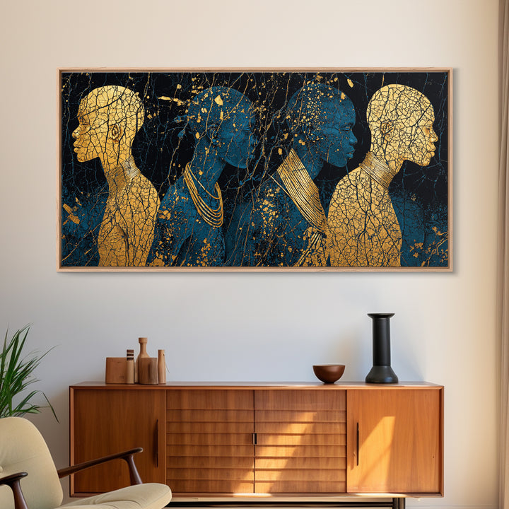Gold And Teal African Women Silhouettes Wall Art, Afrocentric Black Woman Portrait, Luxury Canvas Decor, Black Gold Print