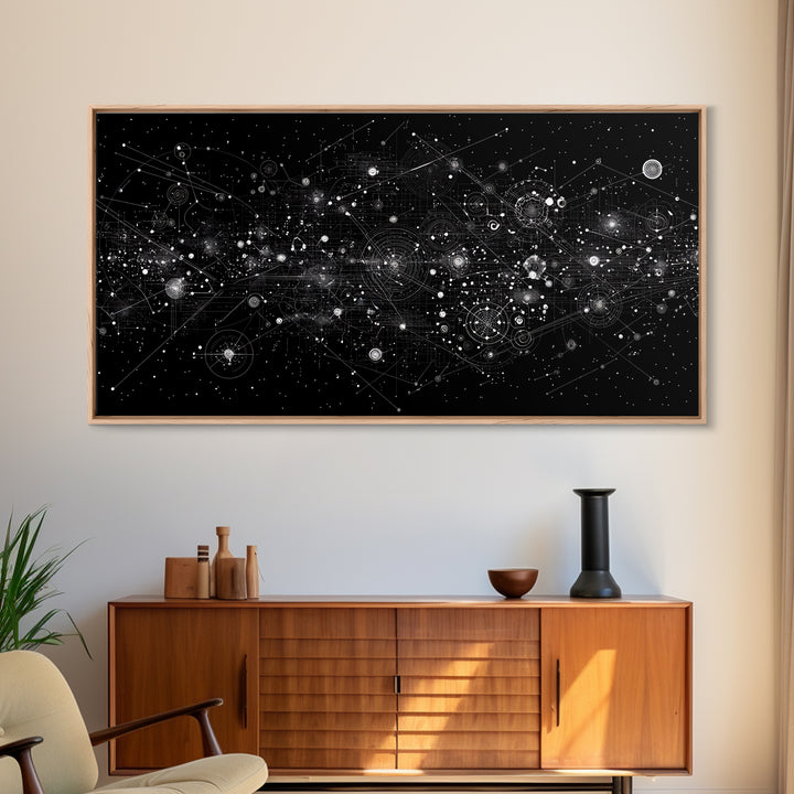 Black Cosmic Circuit Constellation Wall Art, Futuristic Digital Art, Abstract Space Print, Modern Office Decor Canvas Print