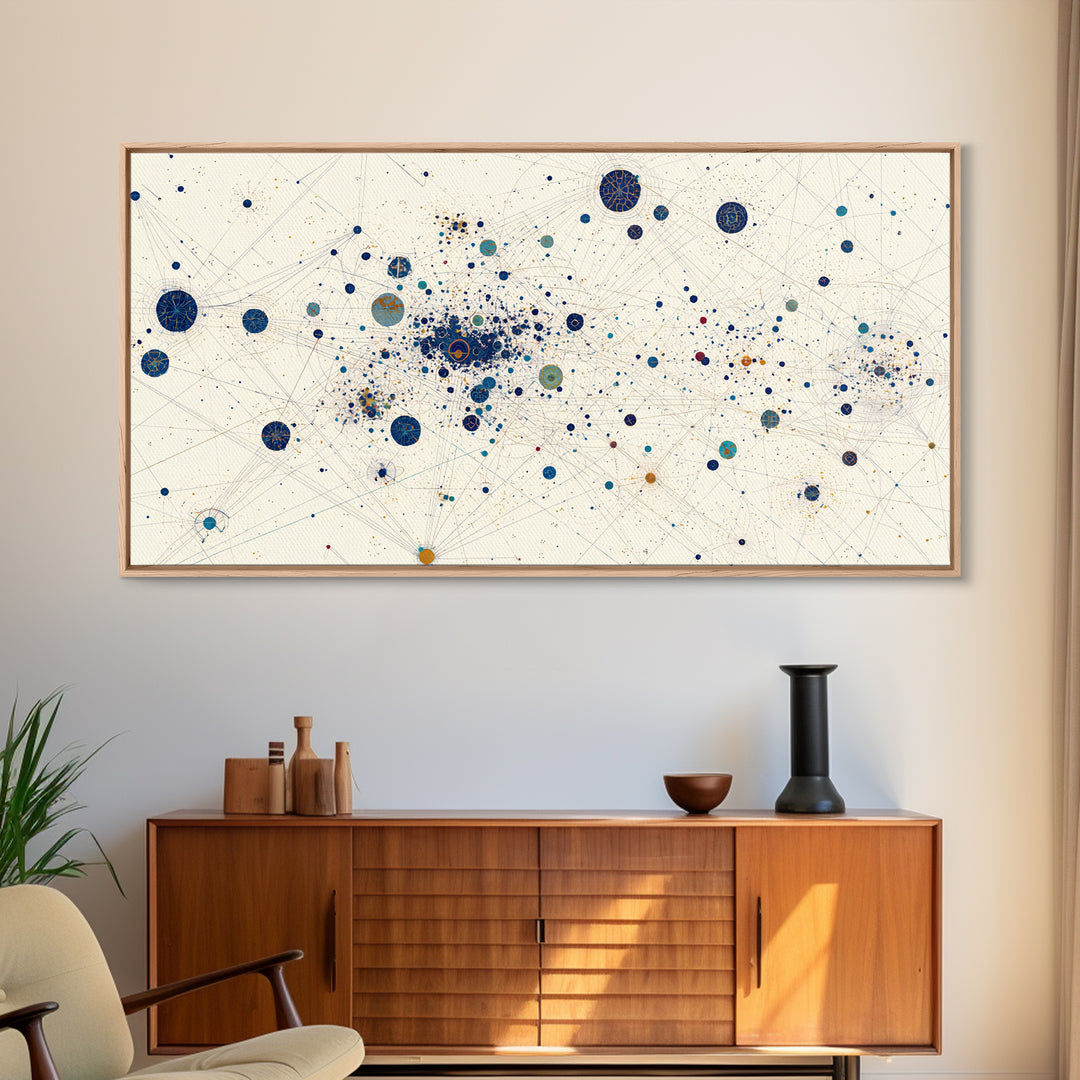 Cream Blue Gold Dot Constellation Network Wall Art, Abstract Geometric Canvas Print, Minimalist Modern Office Decor Gift
