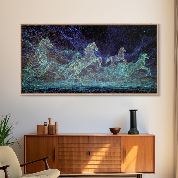 Neon Cosmic Running Horses Herd Canvas Print, Abstract Animal Wall Art, Blue Green Equine Decor, Mystical Modern Nature Gift